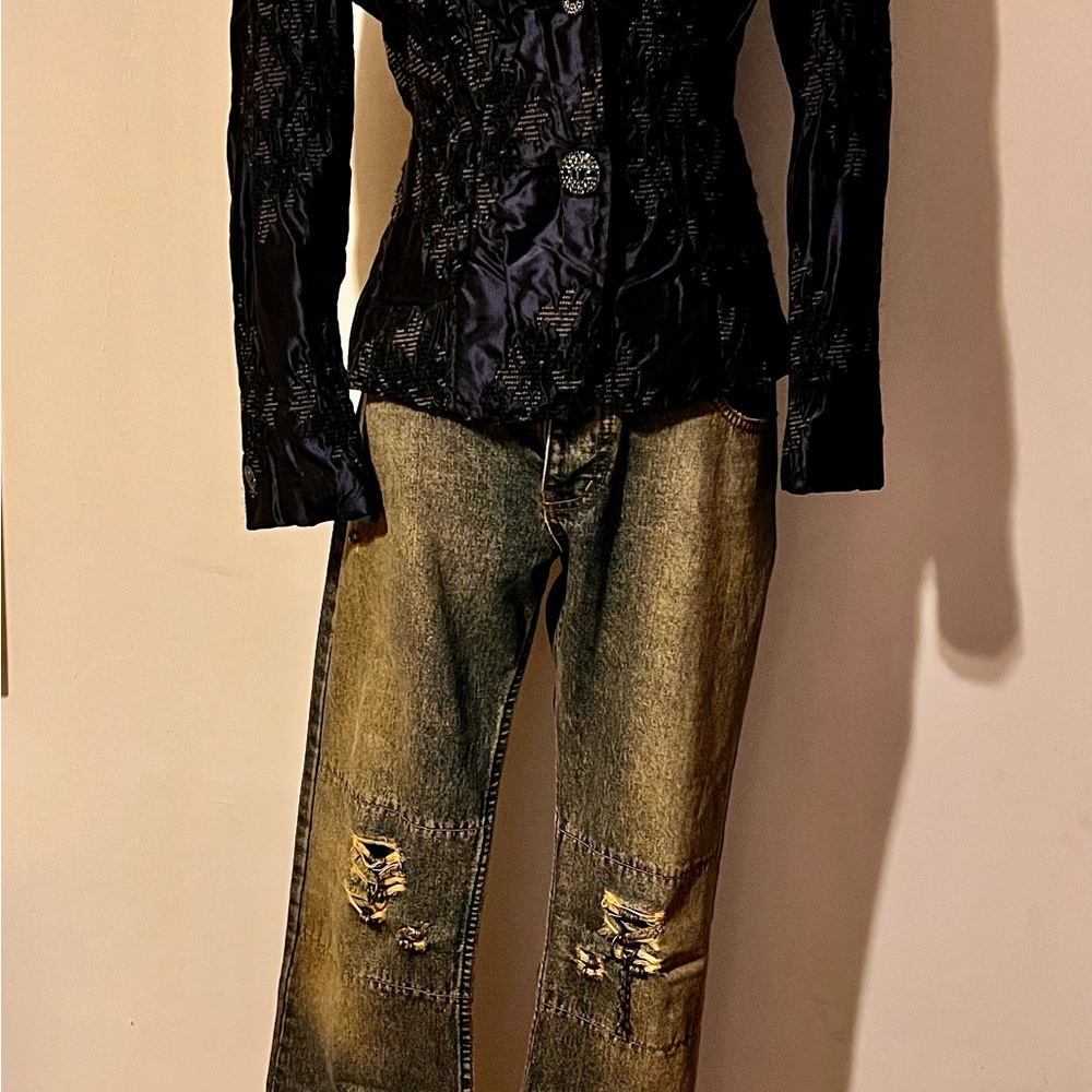 Vintage Distressed Jeans with Antique Silk Hand Sewn Fabric
